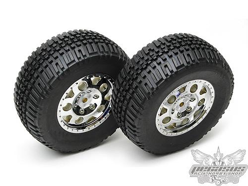 Team Associated SC10 Tire/Wheel Combo, chrome wheels, rear (non-hex)